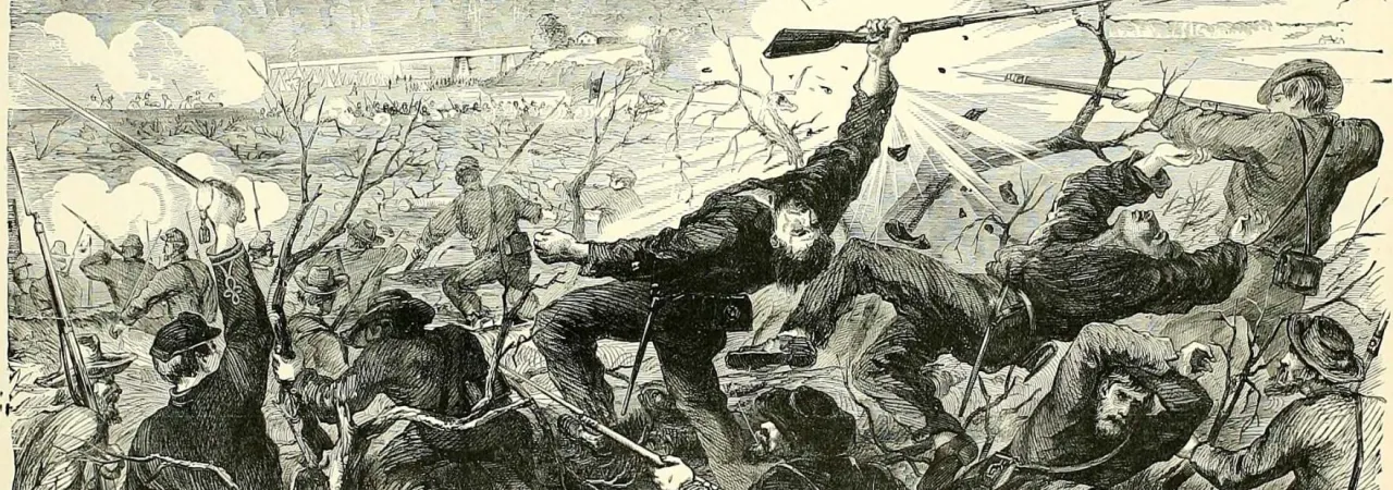 Civil War illustration depicting Confederate troops advancing against Union fortifications near the Green River during the Battle of Munfordville, Kentucky, in September 1862.