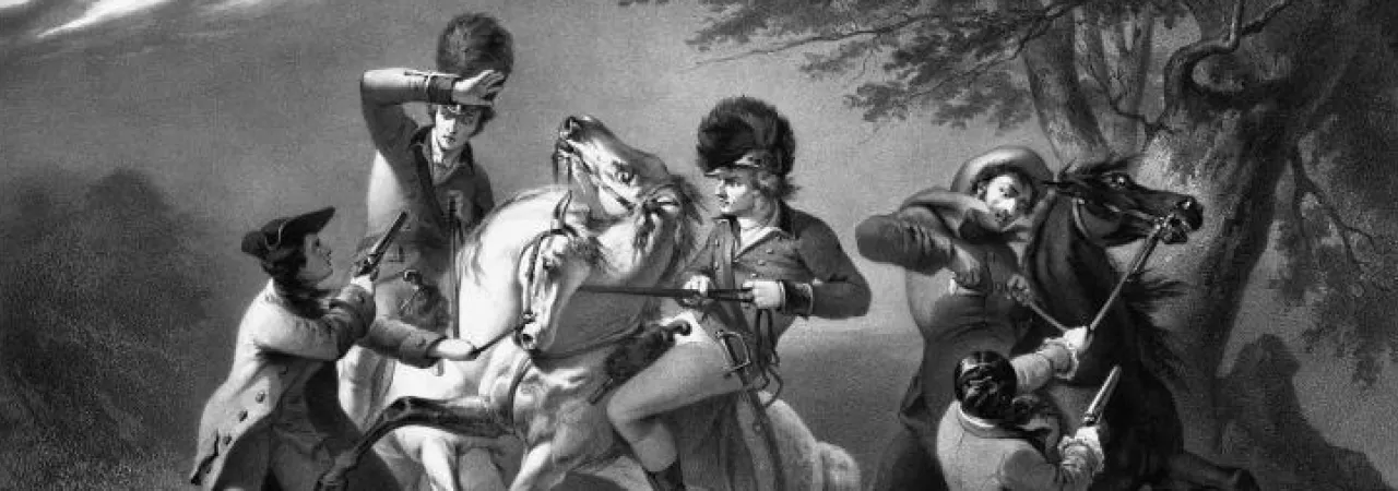 Two women disguised as Patriots threaten three British soldiers on horseback.