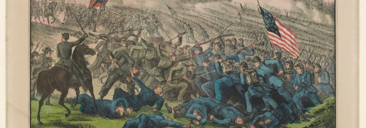 Hand-colored lithograph depicting Union and Confederate forces fighting during the Battle of Petersburg, Virginia, on April 2, 1865. Soldiers advance across the battlefield amid rifle and artillery fire as Union forces break through the Confederate defenses.