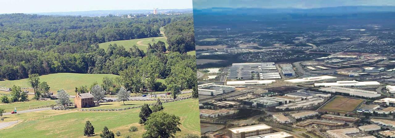 A photo of Manassas National Battlefield Park next to a photo of sprawling data center development in Loudon County.