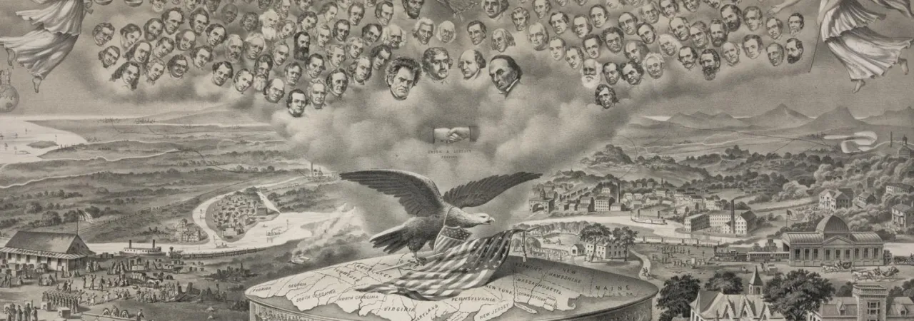 Allegorical Reconstruction-era lithograph featuring an American eagle, historical figures gathered in clouds and a symbolic representation of the reunited nation.