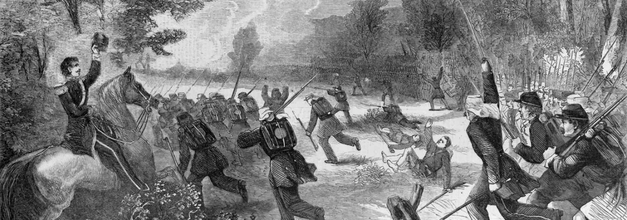 Union soldiers charge uphill through smoke and dense woods during the Battle of Rich Mountain, Virginia, on July 13, 1861, while officers lead the advance with drawn swords and Confederates resist from concealed positions. Wood engraving by William John Hennessy, published in Harper's Weekly (1861).