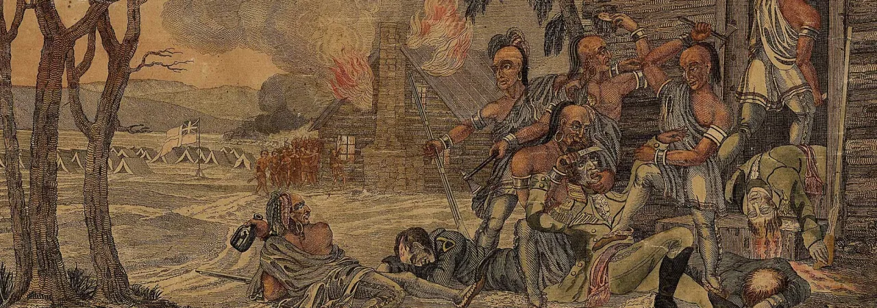 Hand-colored engraving depicting Native warriors attacking wounded American prisoners after the Battle of the River Raisin during the War of 1812.