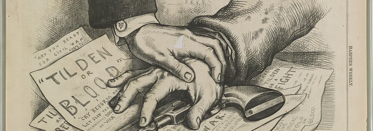  The political cartoon addresses the disputed presidential election of 1876 and the political confrontation surrounding the determination of its outcome.
