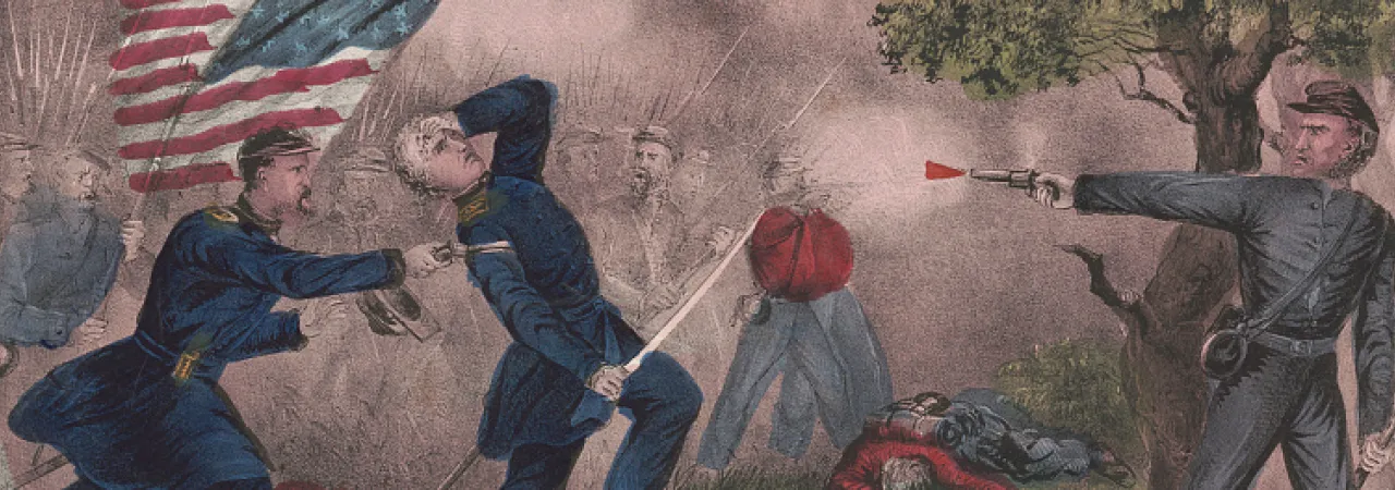 Hand-colored Civil War lithograph depicting the death of Union Col. Edward D. Baker during the Battle of Ball's Bluff near Leesburg, Virginia, in October 1861.