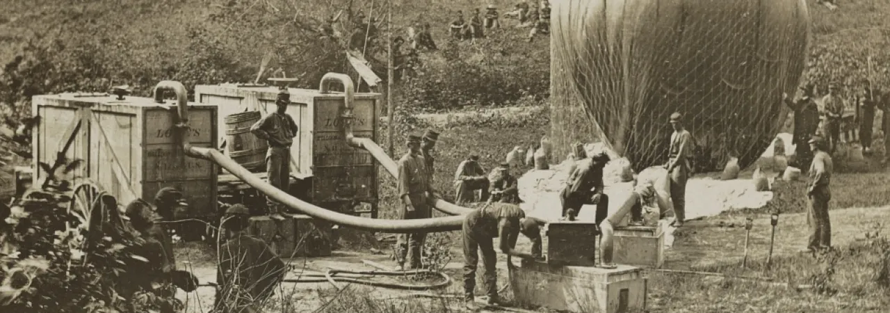 Civil War photograph showing Union soldiers inflating the military observation balloon Intrepid near Gaines Mill, Virginia, in June 1862.