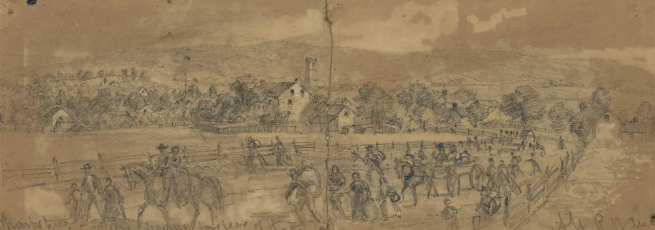 Civil War sketch showing women and children evacuating Sharpsburg, Maryland, ahead of Confederate forces.