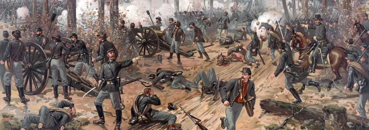 Color chromolithograph by Thure de Thulstrup depicting Union and Confederate soldiers engaged in close combat during the Battle of Shiloh in April 1862.