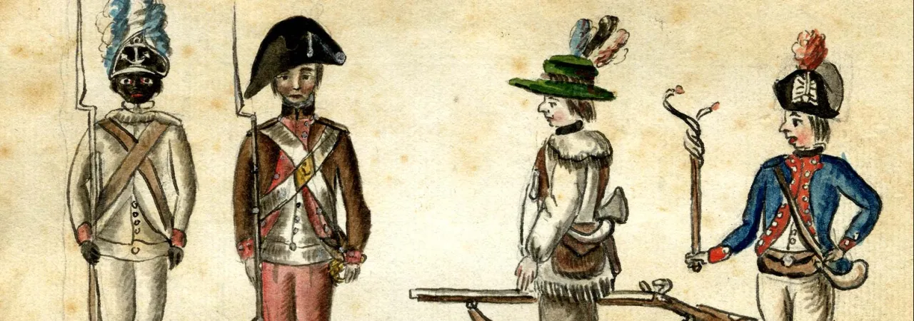 Watercolor depicting a Black soldier of the 1st Rhode Island Regiment, a New England militiaman, a frontier rifleman, and a French officer during the Siege of Yorktown.