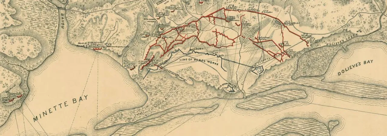 Detailed 1866 military map showing Union siege lines, artillery positions, Confederate fortifications, roads and terrain surrounding Spanish Fort on Mobile Bay, Alabama.