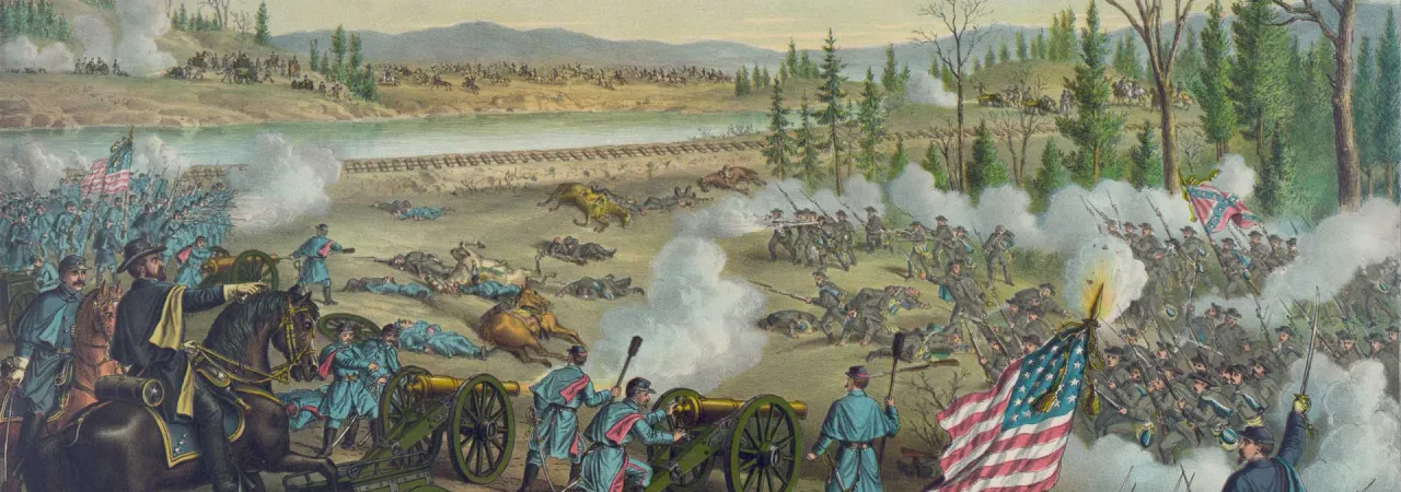 Color lithograph by Kurz & Allison depicting Union and Confederate troops engaged in intense fighting during the Battle of Stones River near Murfreesboro, Tennessee.