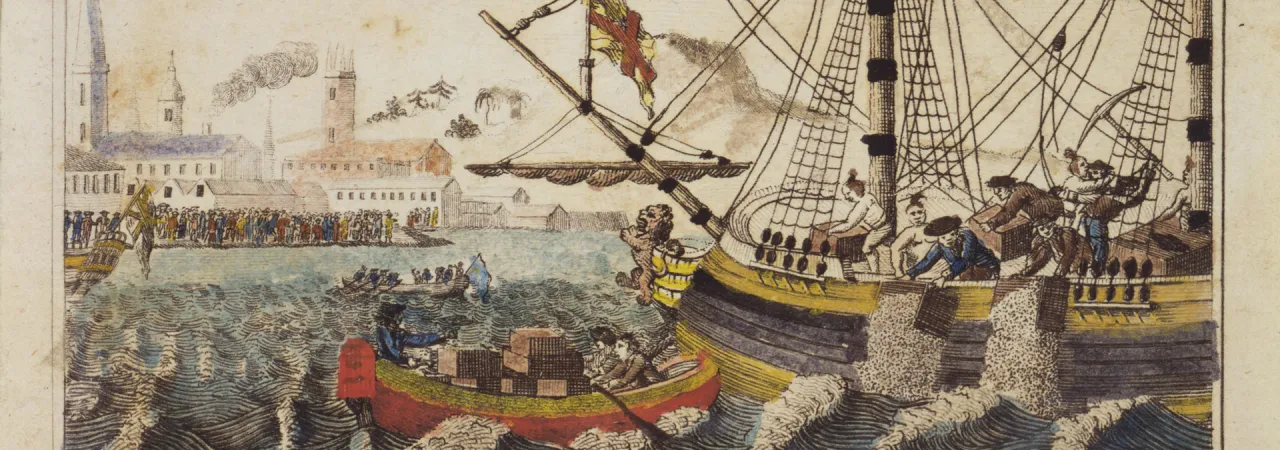 Engraving depicting participants in the Boston Tea Party throwing East India Company tea into Boston Harbor on Dec. 16, 1773.