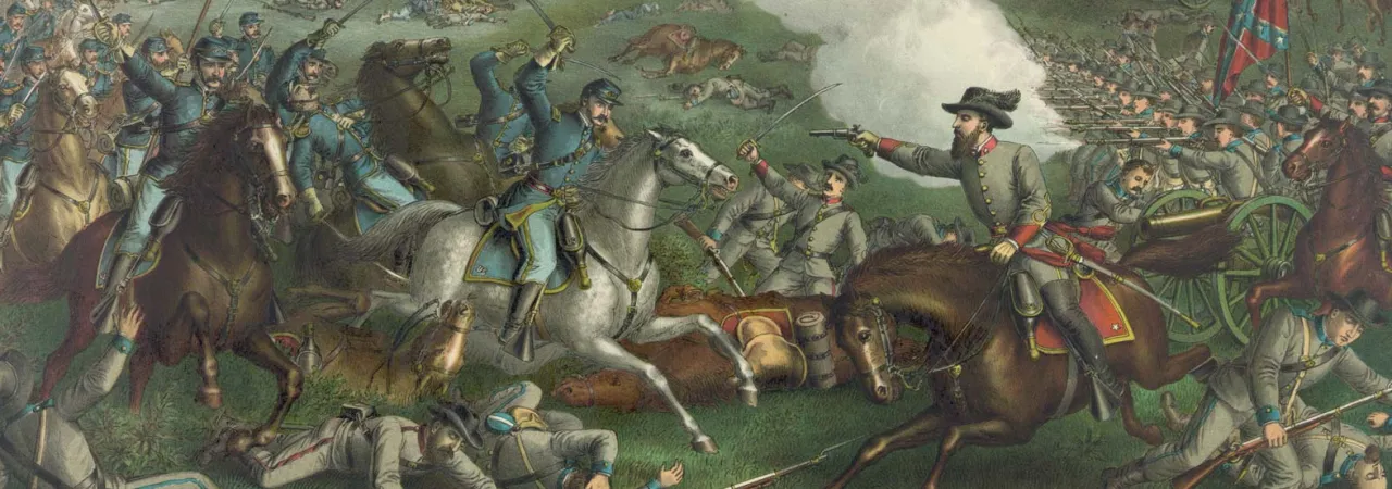Color lithograph depicting Union and Confederate troops engaged in intense fighting during the Third Battle of Winchester, Virginia, on Sept. 19, 1864.