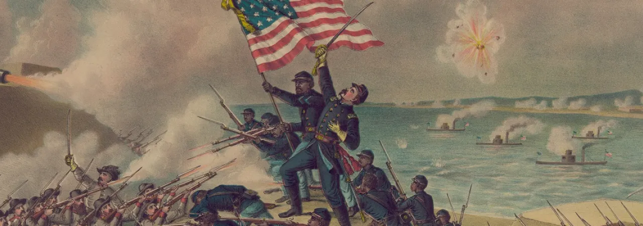 This painting portrays Union soldiers waving the American flag, high above the violent battle going on beneath.