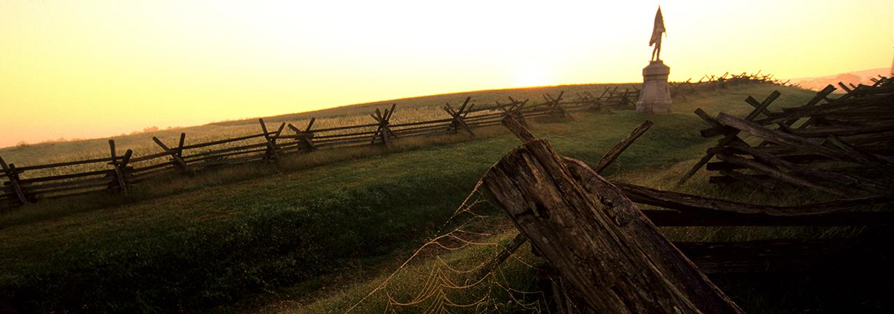 This is an image of the Antietam battlefield at sunset. 