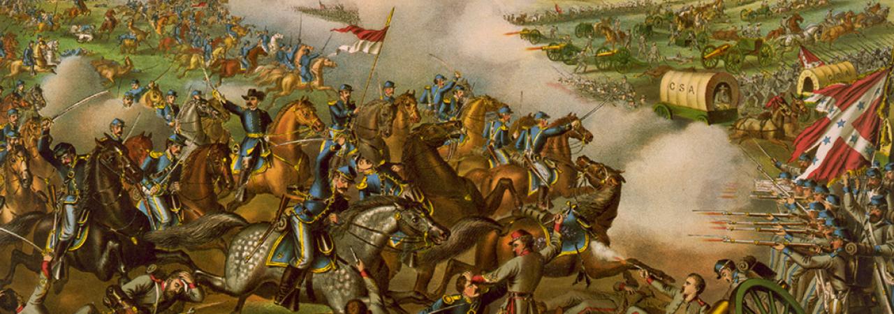A chromolithograph print by Kurz & Allison showing a charge led by Union general Philip Sheridan at the Battle of Five Forks