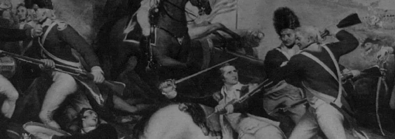 This is a close-up painting of British soldiers in wartime action. 