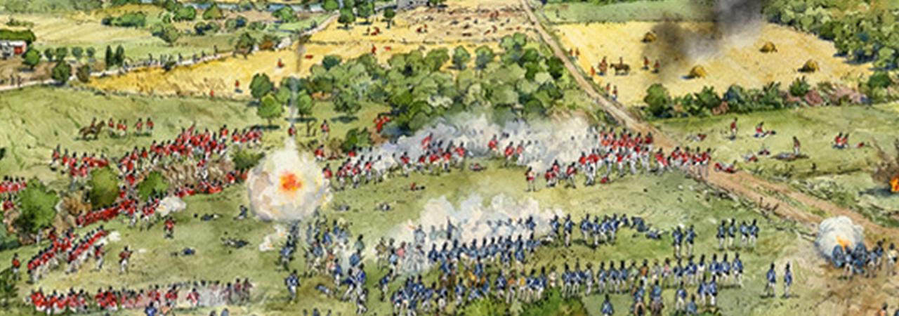 Painting of adversary armies charging towards each other at Bladensburg