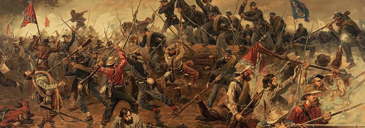 This is a vibrant painting depicting Union troops surging over the "Bloody Angle" at Spotsylvania.