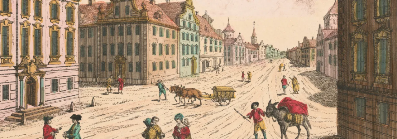 This is a drawing of a main road in colonial Boston.