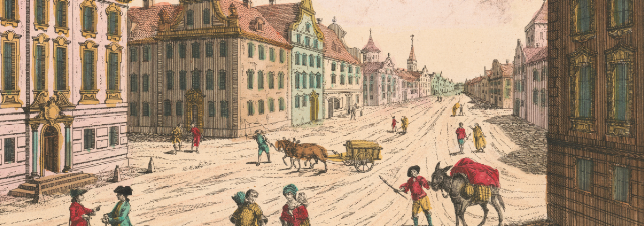 This is a drawing of a main road in colonial Boston. 