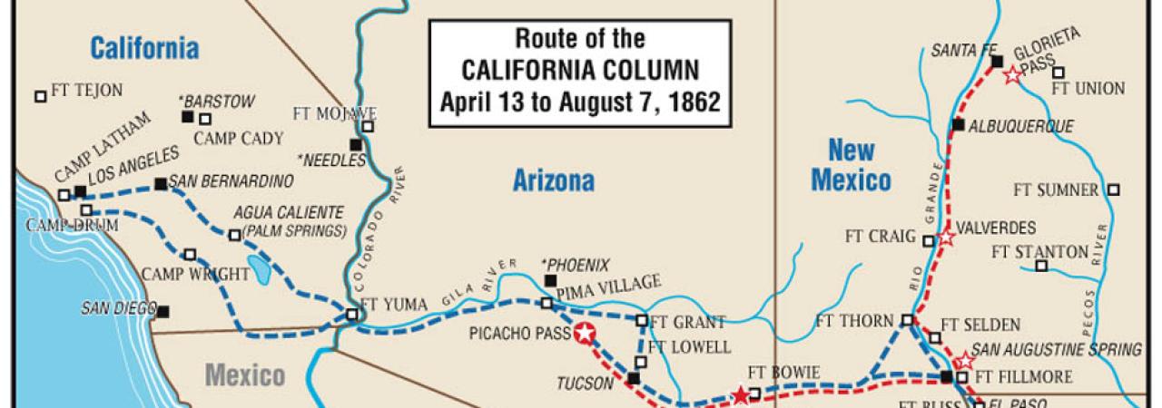 This map demonstrates the route taken by the California Column through the Arizona territory to get into Texas.