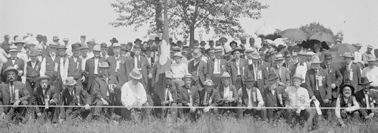 This image depicts veterans of the California Regiment returning to the location of Pickett's Charge.