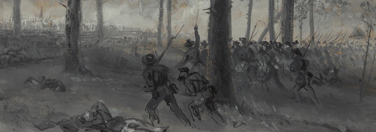 Illustration of soldiers running through the woods at Chickamauga