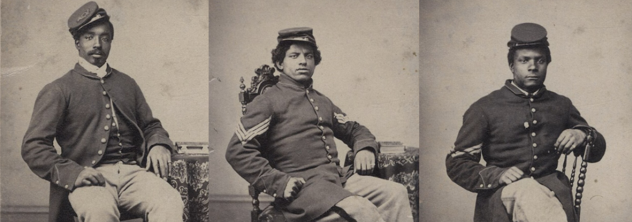 Portraits of three African American soldiers. 