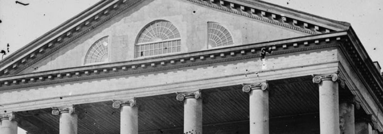 This is a black and white image of the upper half of the Confederate Capital building. 