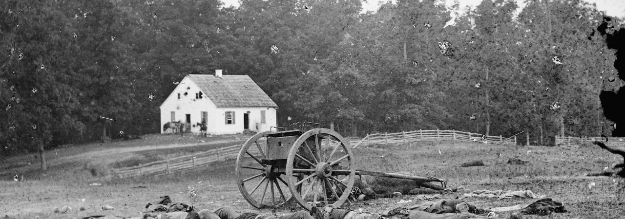 Alexander Gardner's famous photo of Confederate dead before the Dunker Church on the Antietam Battlefield