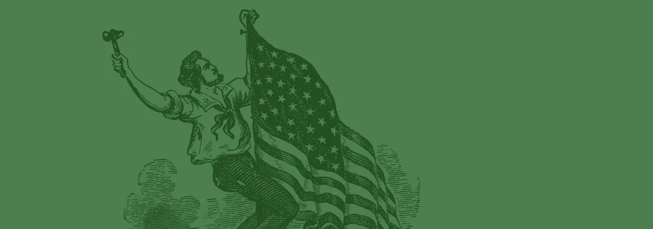 This is a sketch of a man holding up the American flag as it waves in the wind.