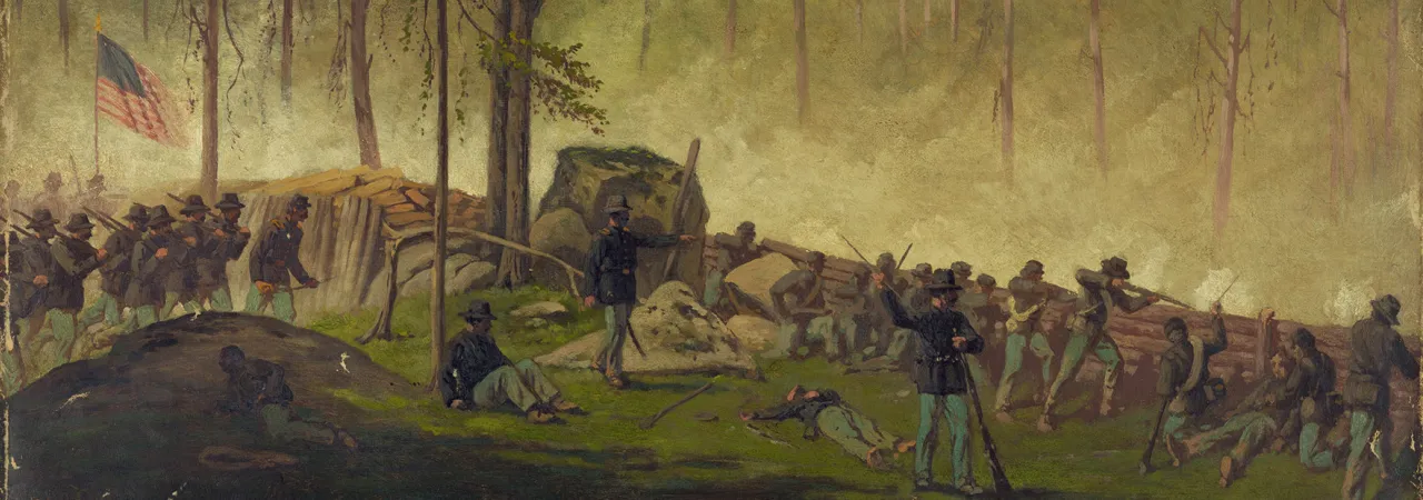 Painting depicting Union soldiers taking advantage of their recently erected entrenchments during the fighting on Culp's Hill