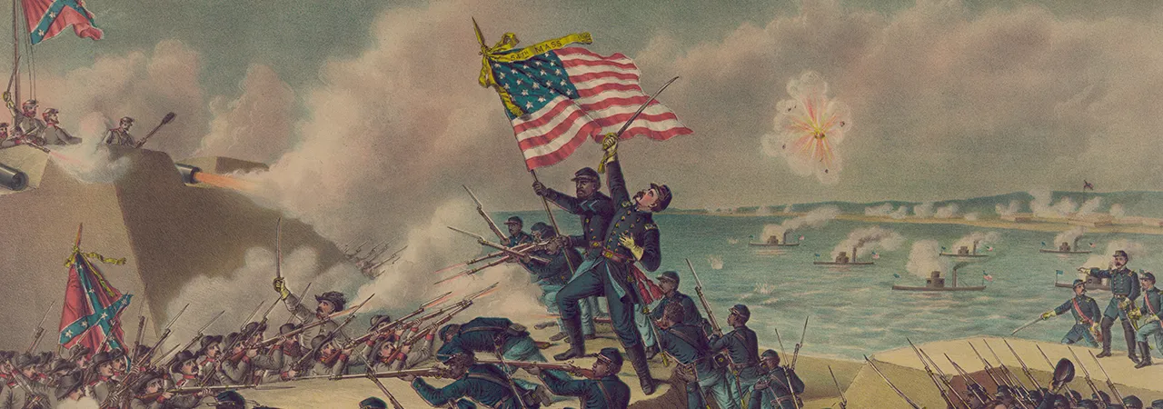 Soldiers waving the American flag at Fort Wagner