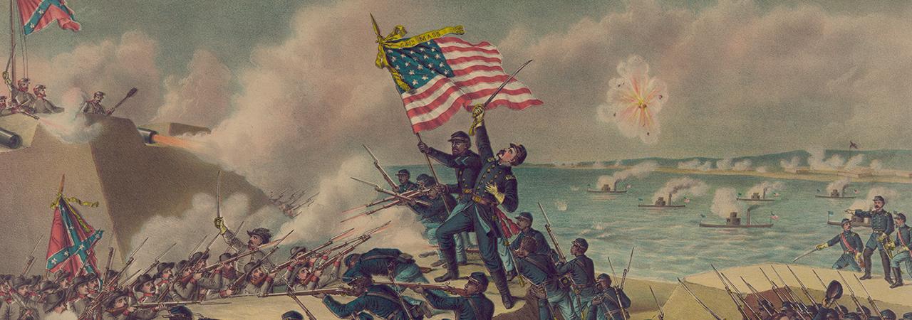 Soldiers waving the American flag at Fort Wagner