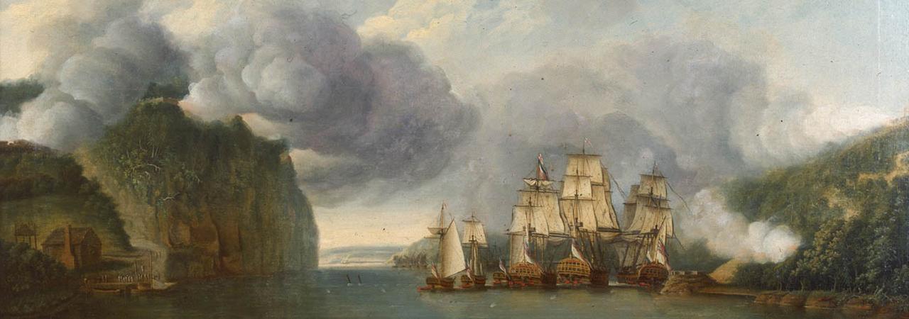 Illustration of a ship surrounded by smoke at Fort Washington