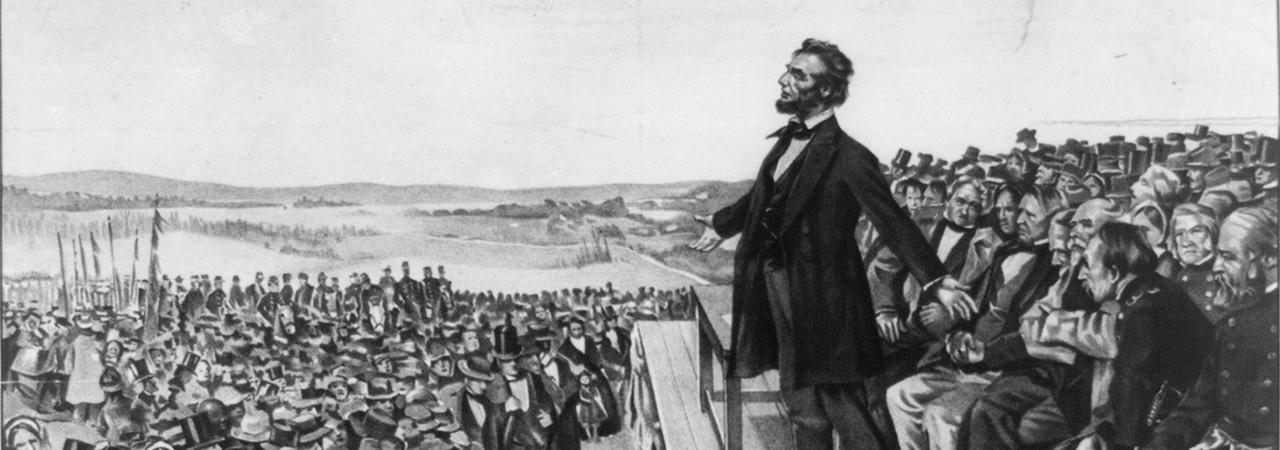 Illustration of Lincoln delivering his Gettysburg Address to a massive crowd