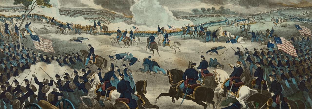 Union and Confederate troops engage in combat at Gettysburg. 