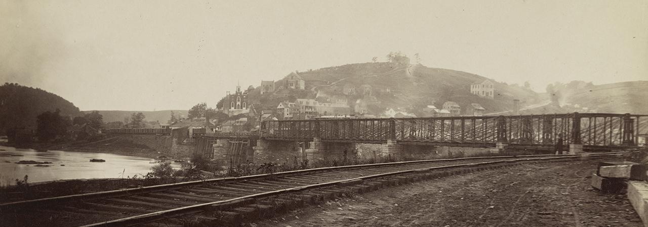 Photograph of the train and bridge at Harper's Ferry