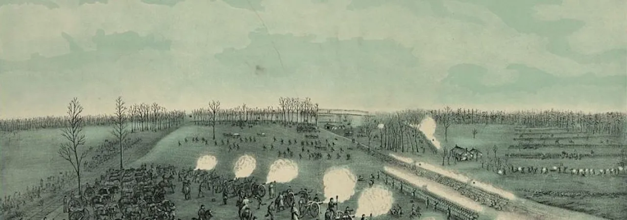 Tinted lithograph depicting Union infantry and artillery firing on Confederate troops during the Battle of Stones River near Murfreesboro, Tennessee, on Dec. 31, 1862.