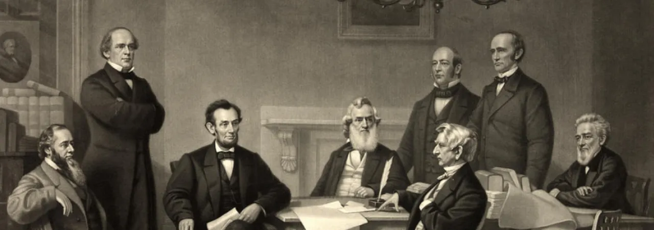 This is a depiction of Lincoln sitting with his Cabinet members.
