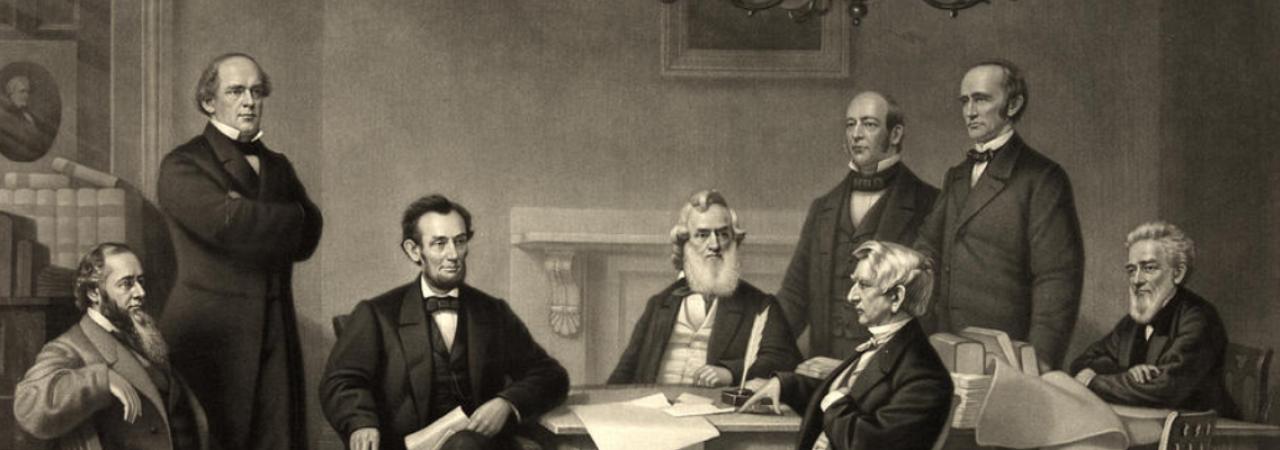 This is a depiction of Lincoln sitting with his Cabinet members. 