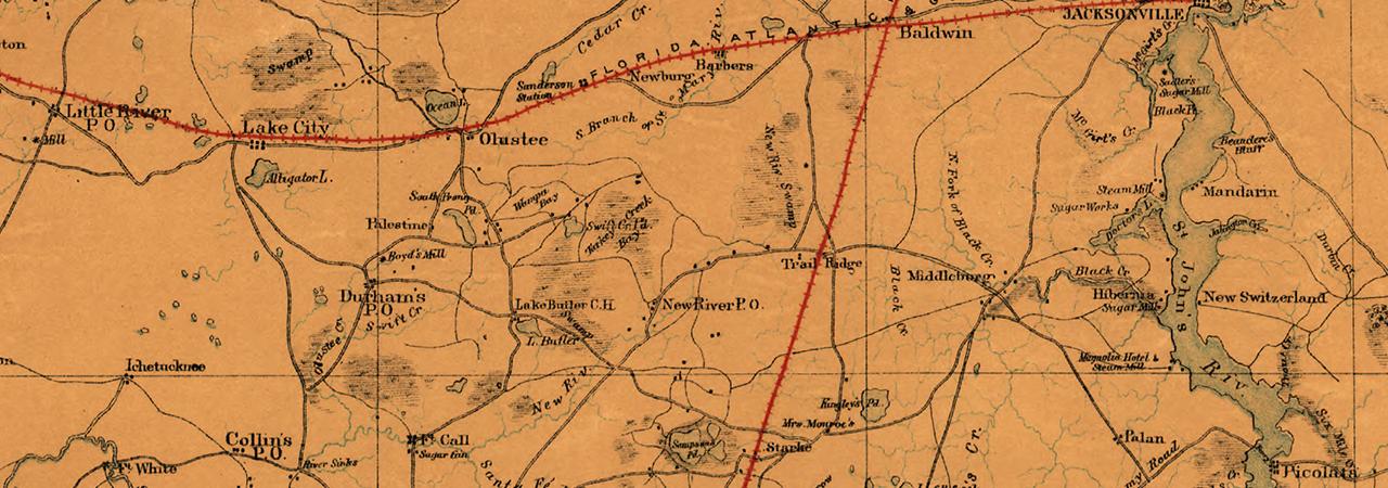 Map detailing the region surrounding Olustee