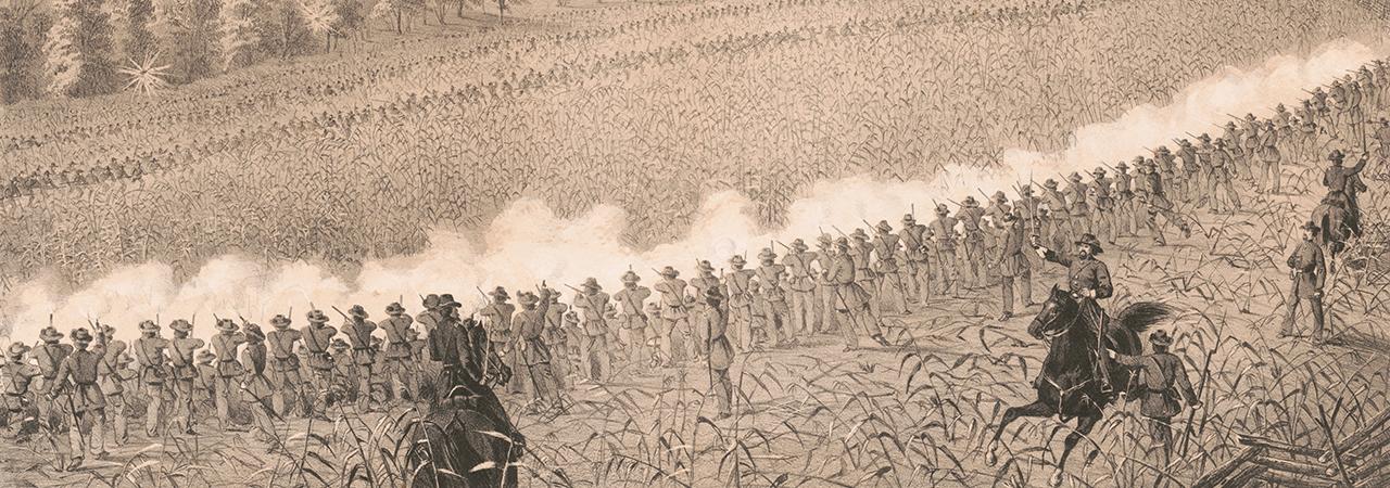 Soldiers firing in a line at the Perryville Battle