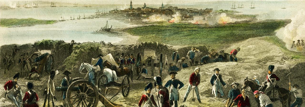 This painting portrays the conflict and gunfire at the Siege of Charleston. 