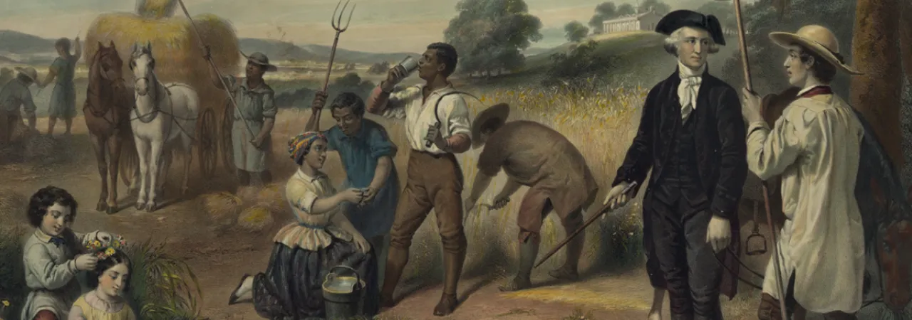 "Life of George Washington - The Farmer" by Junius Stearns shows Washington standing among African-American field workers harvesting grain; Mount Vernon in the background.