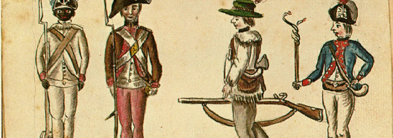 The watercolor, which appears in the journal, shows the variety of soldiers fighting for American independence, depicting, from left to right, a black soldier of the First Rhode Island Regiment, a New England militiaman, a frontier rifleman, and a French officer.