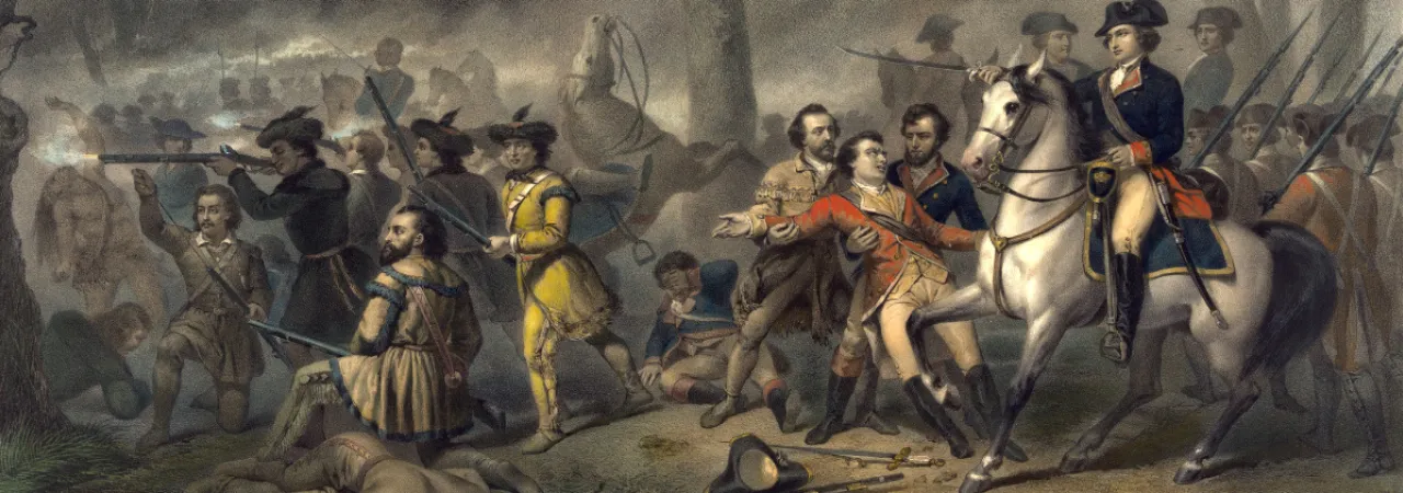 Man atop a horse leading soldiers into battle. 