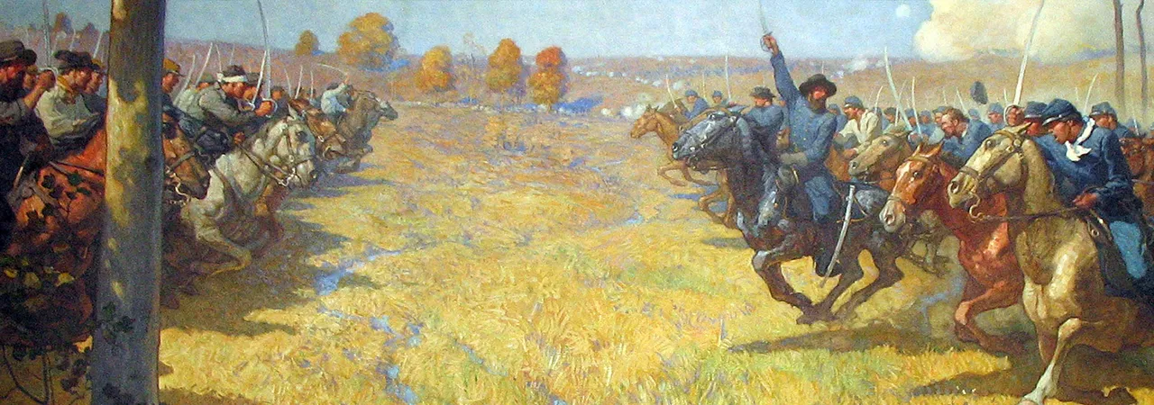 Illustration of cavalry units charging towards each other at Byram's Ford