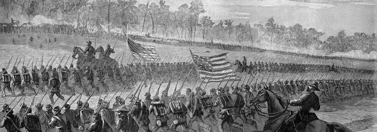 Illustration of troops charging in linear fashion at the Wilderness